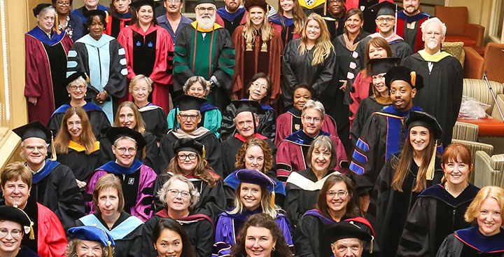 Ƶ employs about 500 full- and part-time faculty and 81% hold a Ph.D or terminal degree in their field; faculty pictured here are convened for the annual academic convocation.
